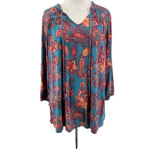 Belle by Kim Gravel Women's Exotic Blue Fall Flora 3/4 Sleeve Top Size Medium